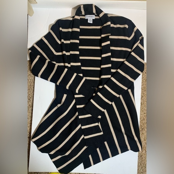 Carmen Marc Valvo Black Sweater With Tan Stripes In Waterfall Drape size Medium. - Picture 3 of 5